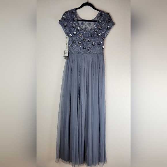 NWT Adrianna Papell Floral Beaded Top w/Tulle Chiffon Gown in Dusty Blue Size 6 - Picture 3 of 15